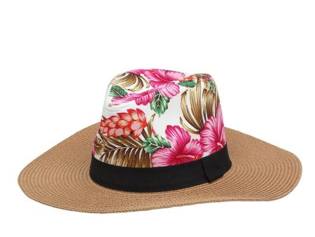 Wide-brimmed Straw Hat Flowers Pink Online now